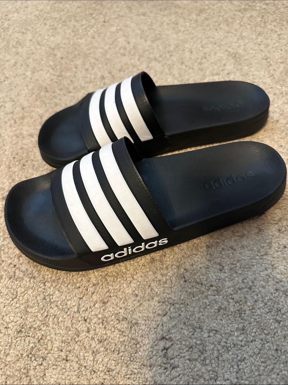adidas Black and White Slide Sandals with Three Stripes